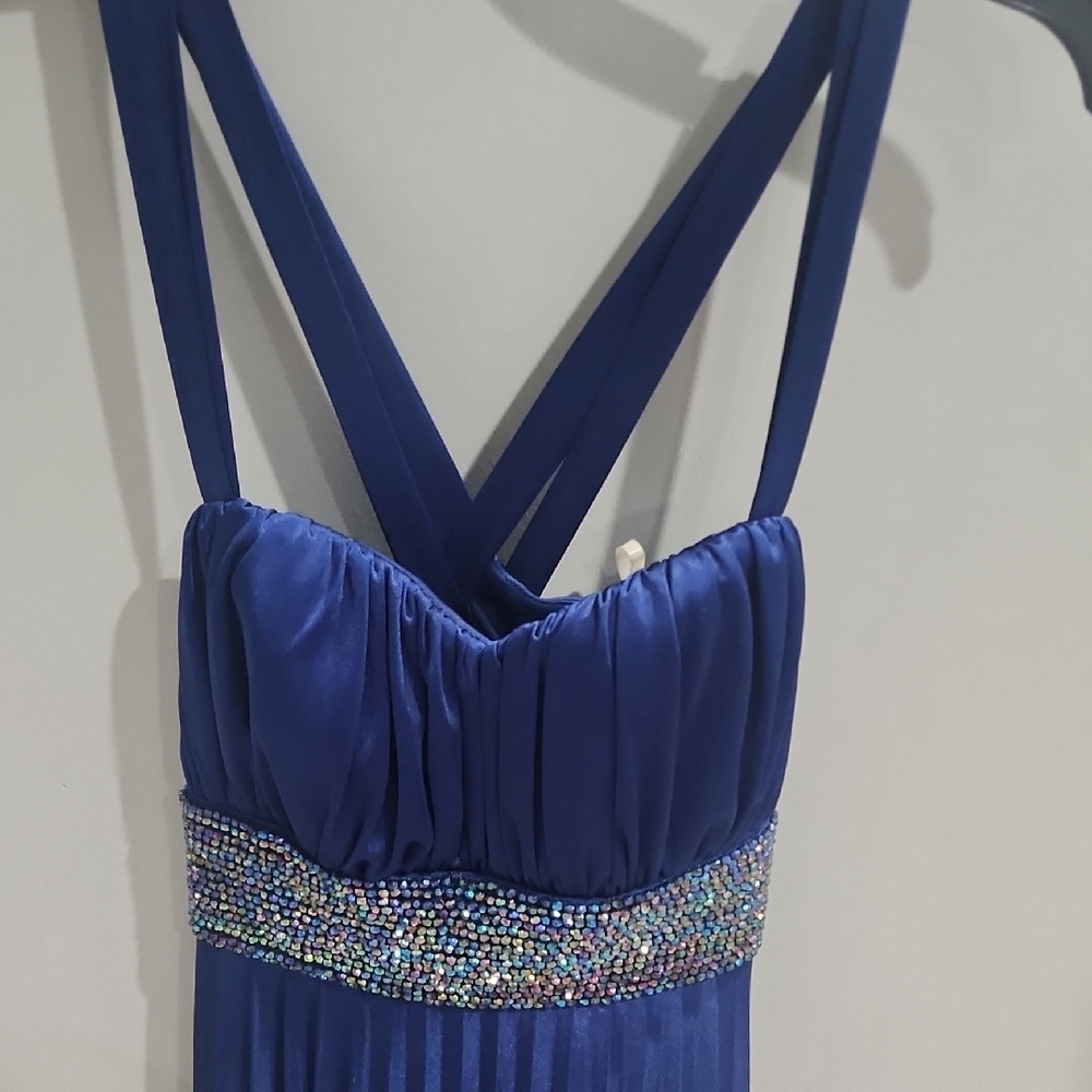 My Michelle Blue Ruched Embellished Gown